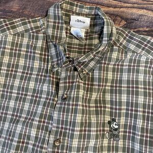 Walt Disney World Parks Mickey Green Plaid Button Shirt Embroidered XLarge